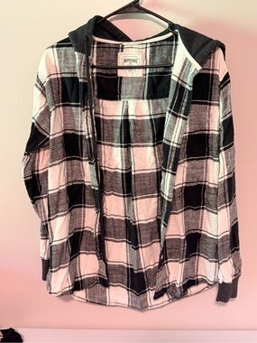 American Eagle Black & White Plaid Hooded Shirt Jacket
